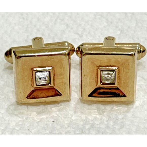 Signed Hickok Shiny Gold Finish Vintage Square Cufflinks With Crystal Centers - Picture 1 of 6